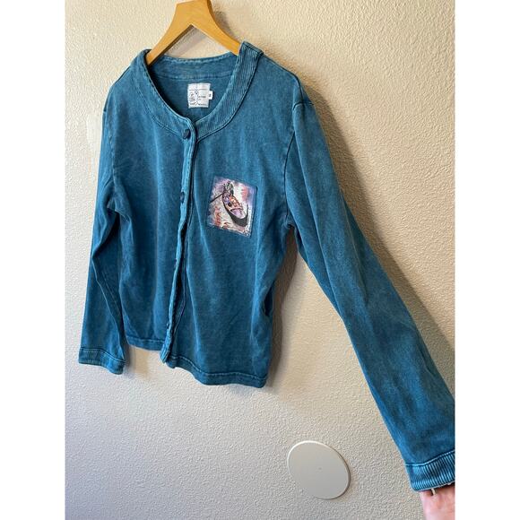 Michael Leu Washed Blue Button Front Cotton Cardigan W/ Painted Style Graphic Sm - Picture 11 of 11